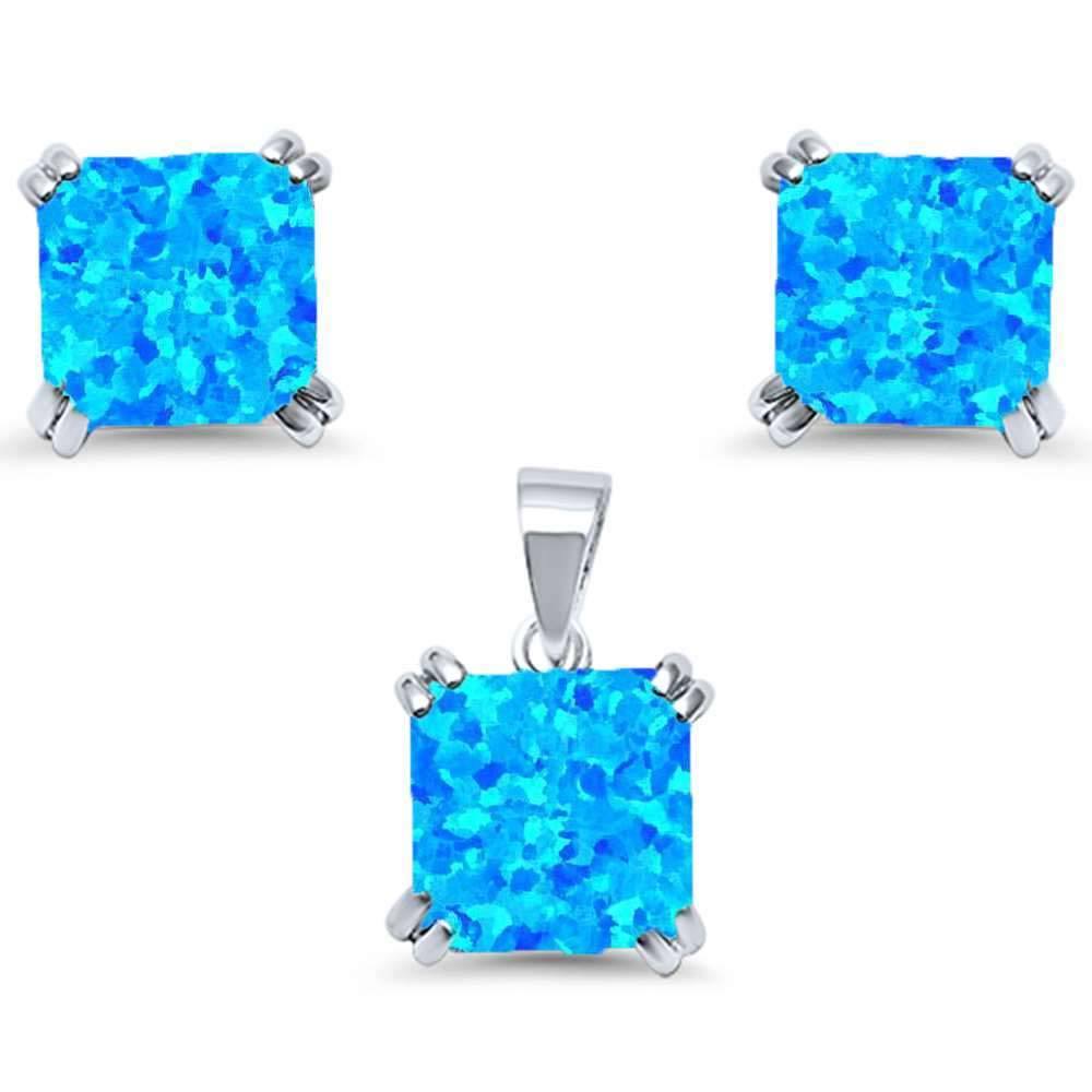 Sterling Silver Blue Opal Cushion Cut .925 Earring and Pendant SetAnd Width 12.36mm