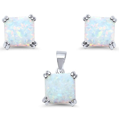 Sterling Silver White Opal Cushion Cut Earring And Pendant Set