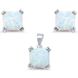 Sterling Silver White Opal Cushion Cut Earring And Pendant Set