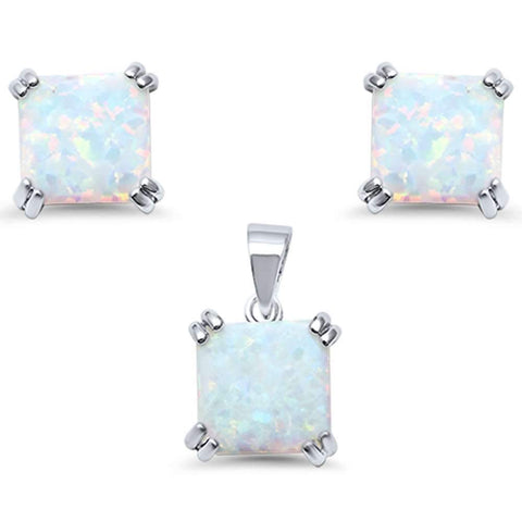 Sterling Silver White Opal Cushion Cut Earring And Pendant Set