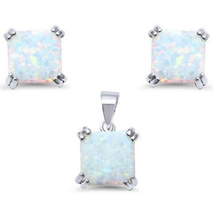 Sterling Silver White Opal Cushion Cut Earring And Pendant Set