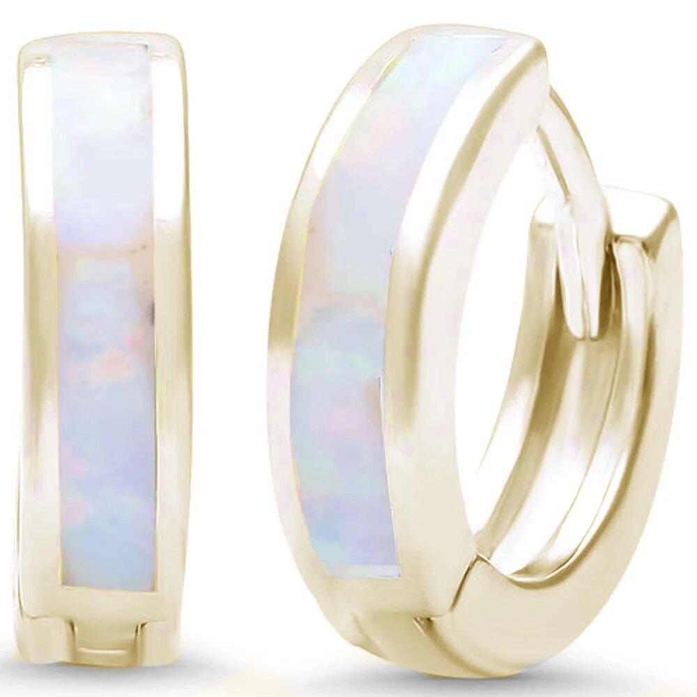 Sterling Silver Yellow Gold Plated White Opal Hoop Huggie Earrings