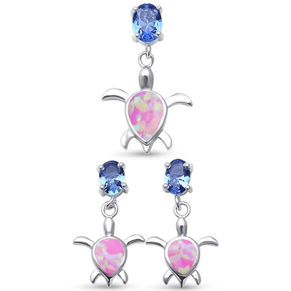 Sterling Silver Lab Created Pink Opal Turtle And Tanzanite Cubic Zirconia Earring And Pendant SetAnd Pendant Length 1.2 inches