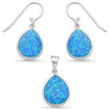 Sterling Silver Blue Opal Pear Shape Dangling Earring and Pendant Set
