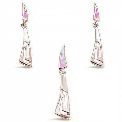 Sterling Silver Rose Gold Plated Pink Opal Filigree Dangling Earring and Pendant Set