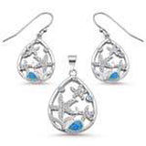 Sterling Silver Blue Opal and Aquamarine Star Cz Drop Pendant and Earring Set