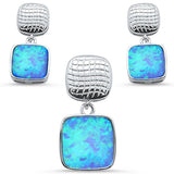 Sterling Silver Blue Opal Princess Cut Top and Bottom Dangle Earring and Pendant Set