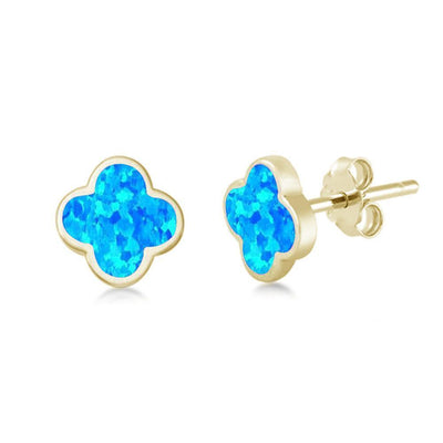 Sterling Silver Yellow Gold Blue Opal Clover Flower Stud Earrings - silverdepot