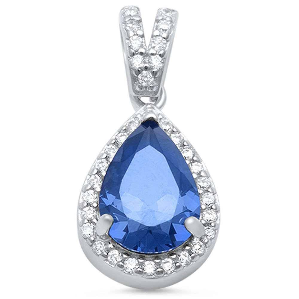 Sterling Silver Pear Blue Sapphire & Cubic Zirconia PendantAnd Length 16mm