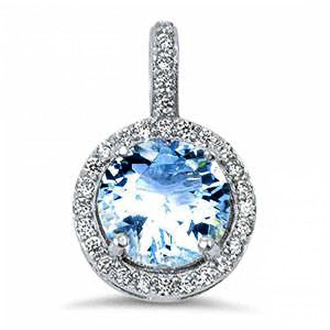 Sterling Silver Halo Aquamarine & Cz Pendant