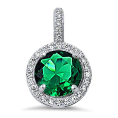 Sterling Silver Halo Green Emerald & Cz Pendant