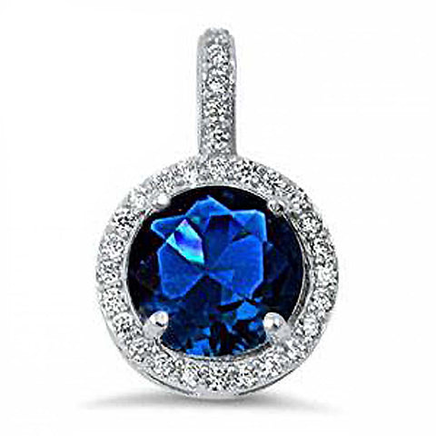 Sterling Silver Halo Blue Sapphire & Cz Pendant