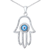Sterling Silver Cz Kaballah Hand of God w/ Evil Eye Pendant with 16  Chain