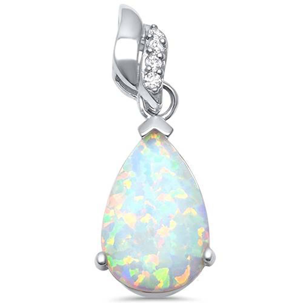 Sterling Silver Pear Shape Lab Created White Opal with CZ Pendant