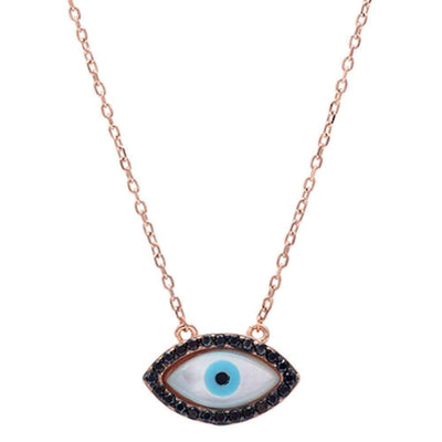 Sterling Silver Turkish Rose Gold Plated Black Cubic Zirconia Evil Eye Pendant Necklace and Width 8mm