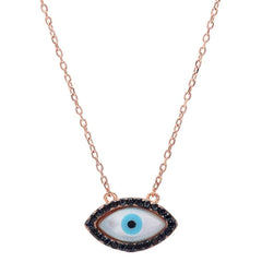 Sterling Silver Turkish Rose Gold Plated Black Cubic Zirconia Evil Eye Pendant NecklaceAnd Width 8mm