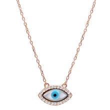 Load image into Gallery viewer, Sterling Silver Turkish Rose Gold Plated Cubic Zirconia Evil Eye Pendant NecklaceAnd Width 8mm