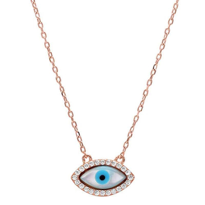 Sterling Silver Turkish Rose Gold Plated Cubic Zirconia Evil Eye Pendant NecklaceAnd Width 8mm