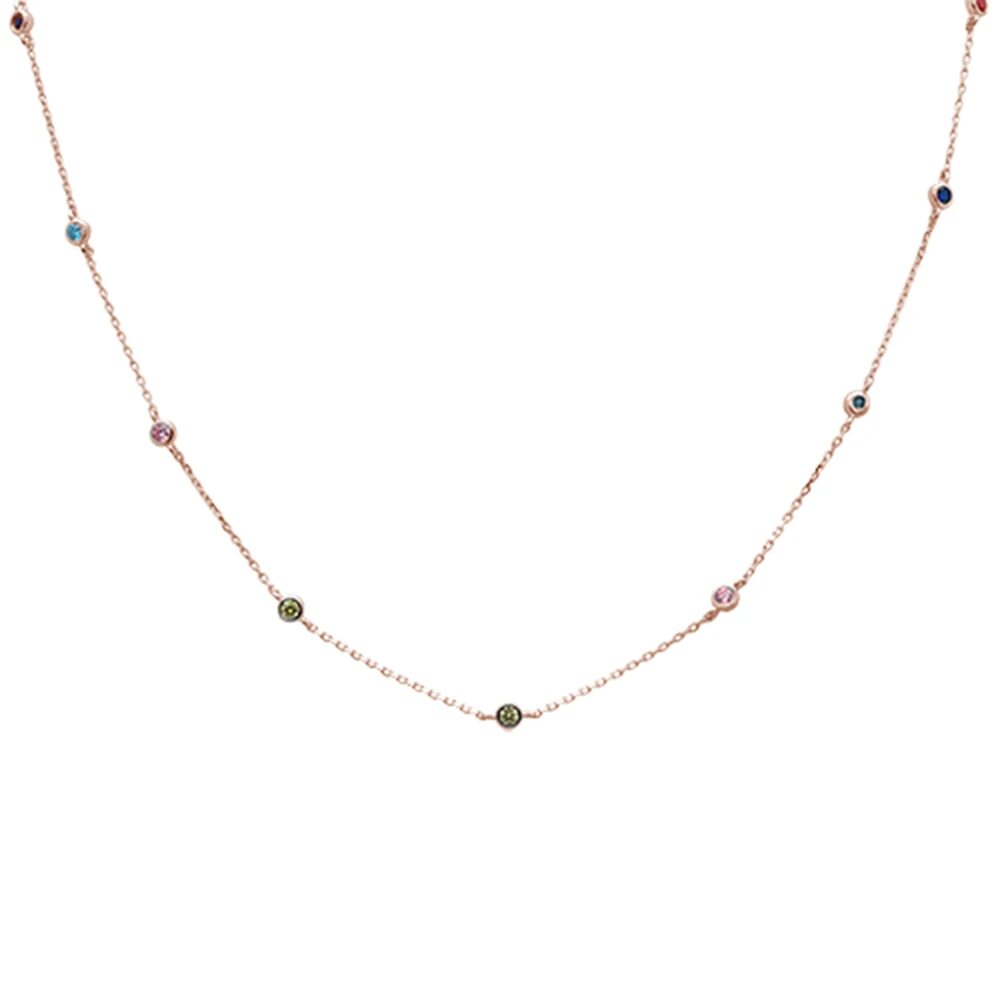 Sterling Silver Rose Gold Plated Diamond By The Yard Multicolor Gemstone Necklace--Length 18"