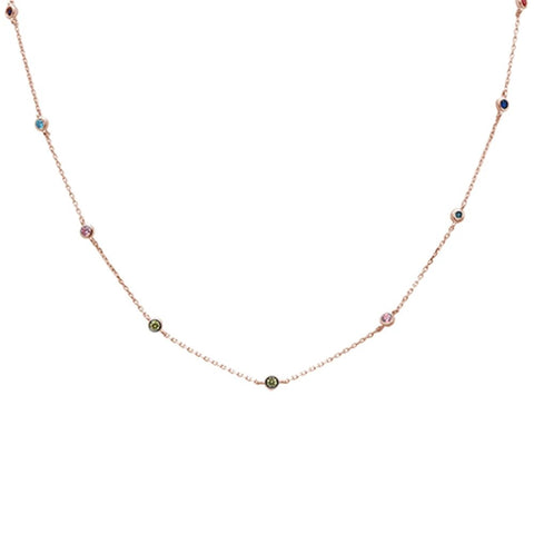 Sterling Silver Rose Gold Plated Diamond By The Yard Multicolor Gemstone Necklace--Length 18