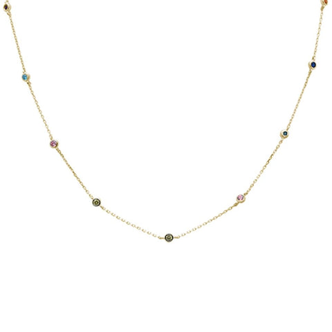 Sterling Silver Yellow Gold Plated Diamond By The Yard Multicolor Gemstone Necklace--Length 18