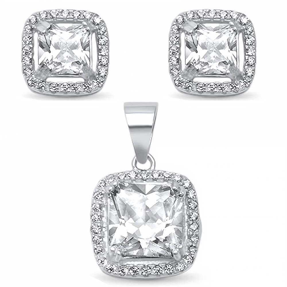 Sterling Silver Square Cubic Zirconia Solitaire Earring And Pendant Set