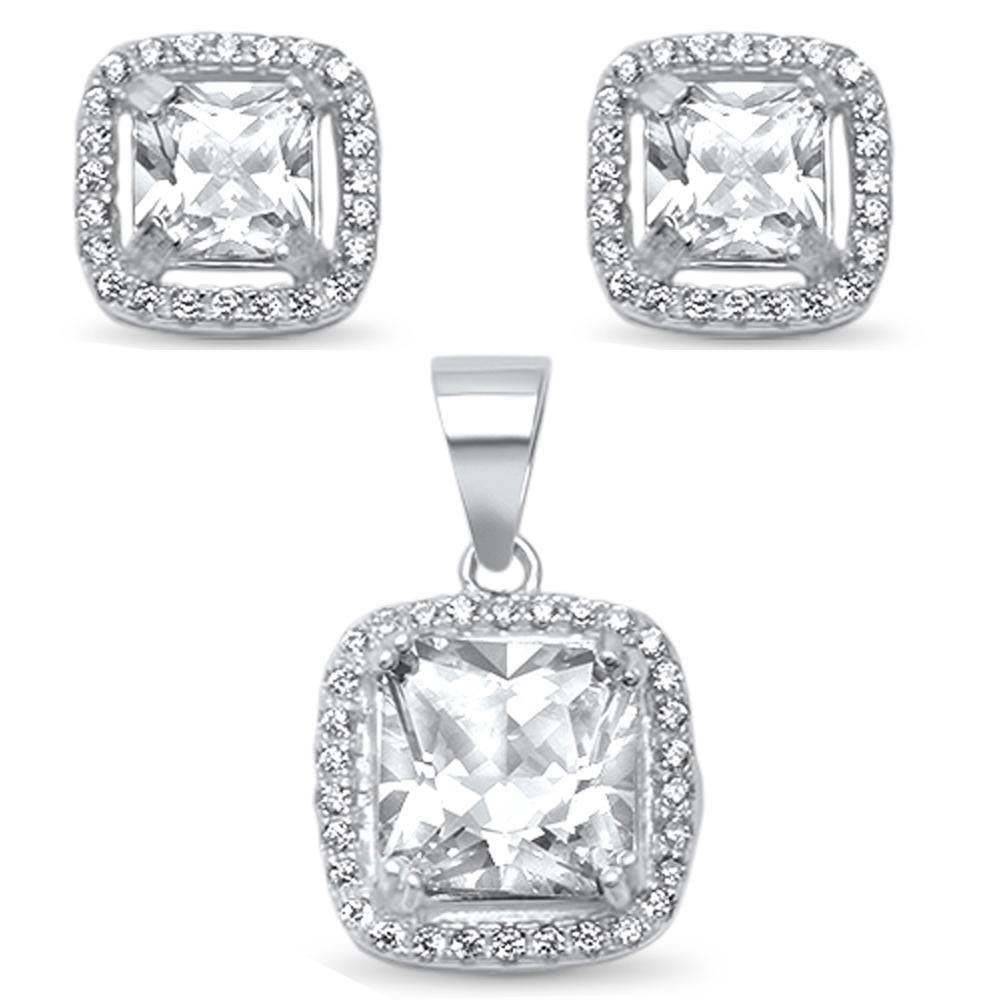 Sterling Silver Square Cubic Zirconia Solitaire Earring And Pendant SetAnd Width 12mm