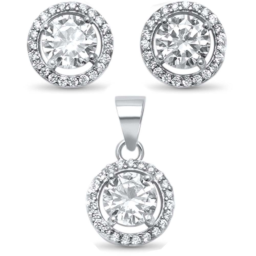 Sterling Silver Round Halo Solitaire Earring And Pendant SetAnd Width 10mm