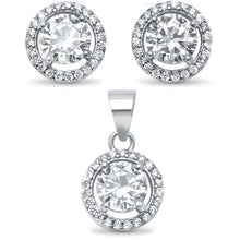 Load image into Gallery viewer, Sterling Silver Round Halo Solitaire Earring And Pendant SetAnd Width 10mm