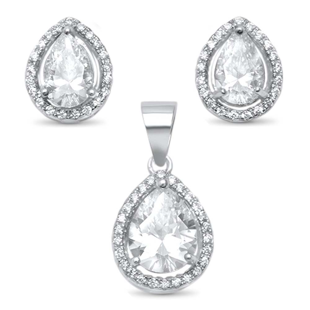 Sterling Silver Pear Tear Drop Halo Solitaire Earring And Pendant Set And Width 11mm