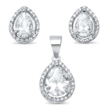 Load image into Gallery viewer, Sterling Silver Pear Tear Drop Halo Solitaire Earring And Pendant Set And Width 11mm