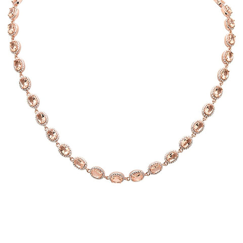 Sterling Silver Rose Gold Plated Morganite Oval and Cubic Zirconia Necklace