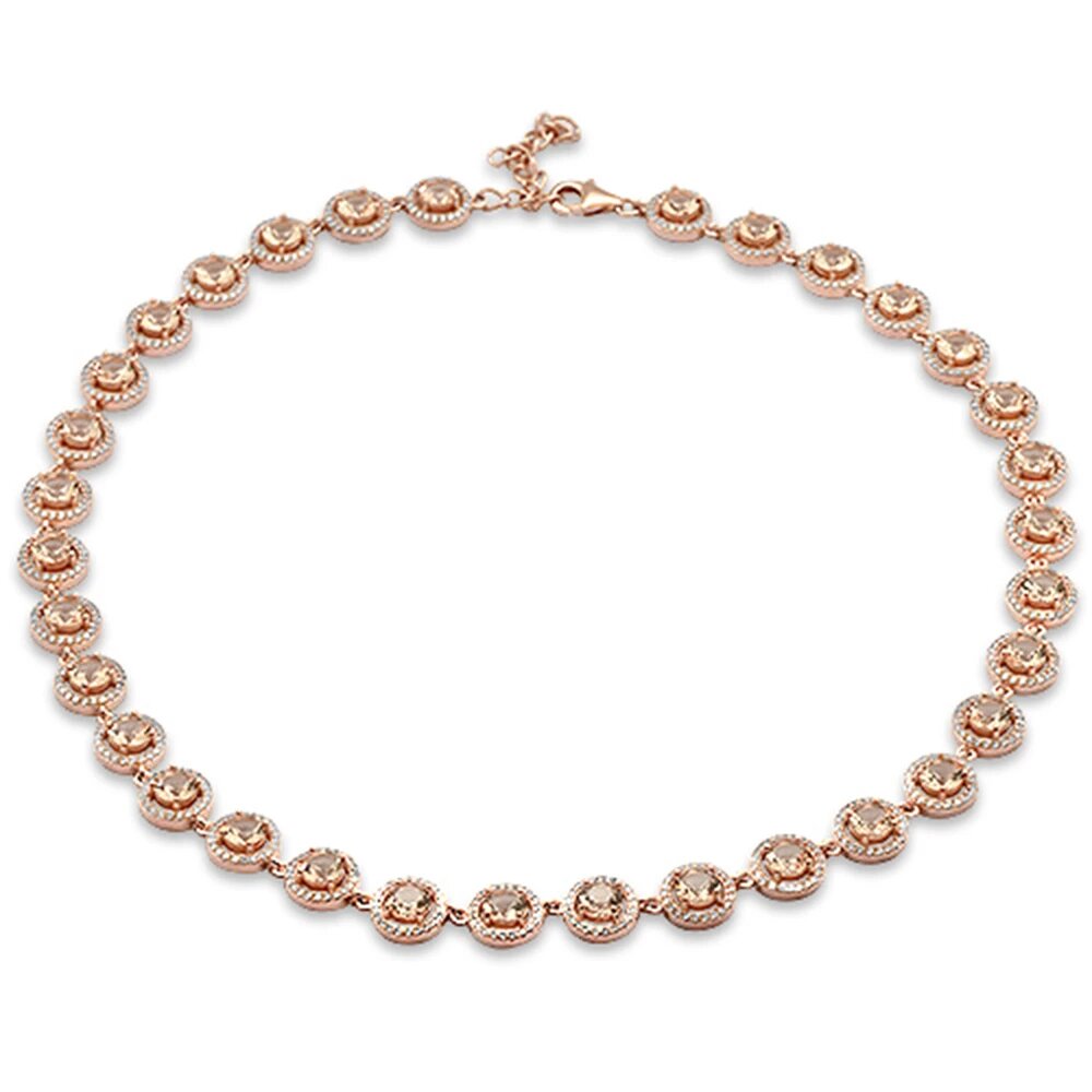 Sterling Silver Rose Gold Plated Morganite Round and Cubic Zirconia Necklace