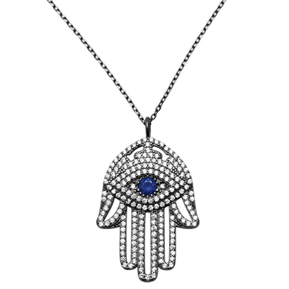 Sterling Silver Black Rhodium Plated Hand of Hamsa Evil eye .925 Pendant NecklaceAnd Width 21mmAnd Length 18inches