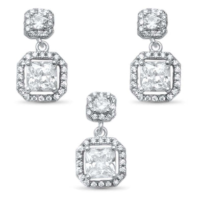 Sterling Silver Square Cubic Zirconia Halo .925  Earring and Pendant SetAnd Width 10mm