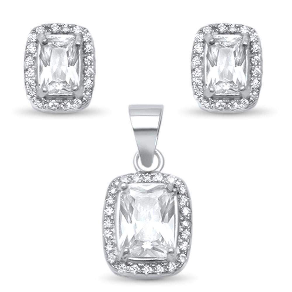 Sterling Silver Radiant Cubic Zirconia Halo .925  Earring and Pendant SetAnd Width 10mm