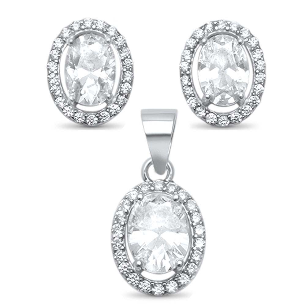 Sterling Silver Oval Cubic Zirconia Halo Solitaire .925  Earring and Pendant SetAnd Width 10mm