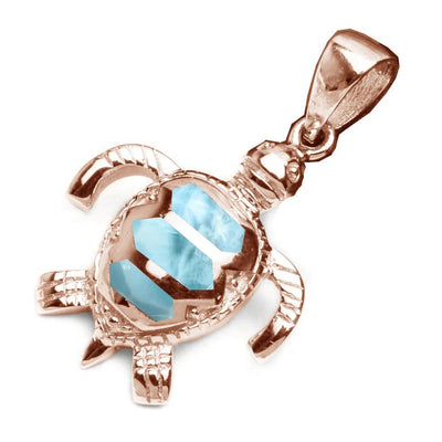 Sterling Silver Rose Gold Plated Natural Larimar Turtle Pendant