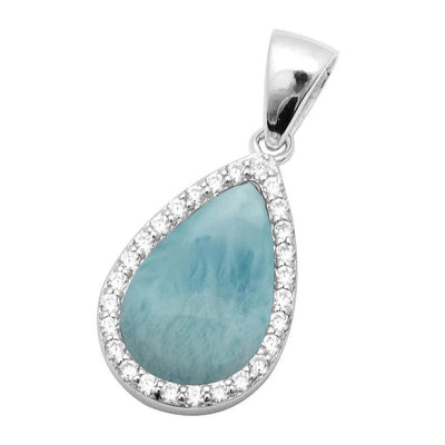 Sterling Silver Pear Shape Natural Larimar and Cubic Zirconia Pendant