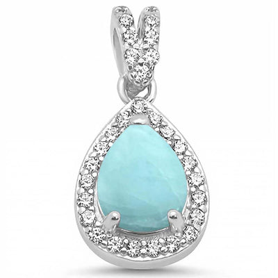 Sterling Silver Pear Natural Larimar And Clear CZ Pendant