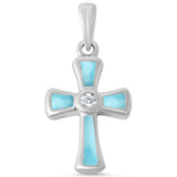 Sterling Silver Round Cubic Zirconia And Natural Larimar Cross Pendant