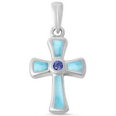 Sterling Silver Round Tanzanite and Natural Larimar Cross Pendant