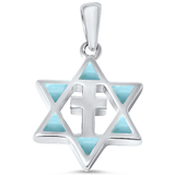Sterling Silver Natural Larimar Star Of David With Cross Pendant Length-1inch, Width-16mm