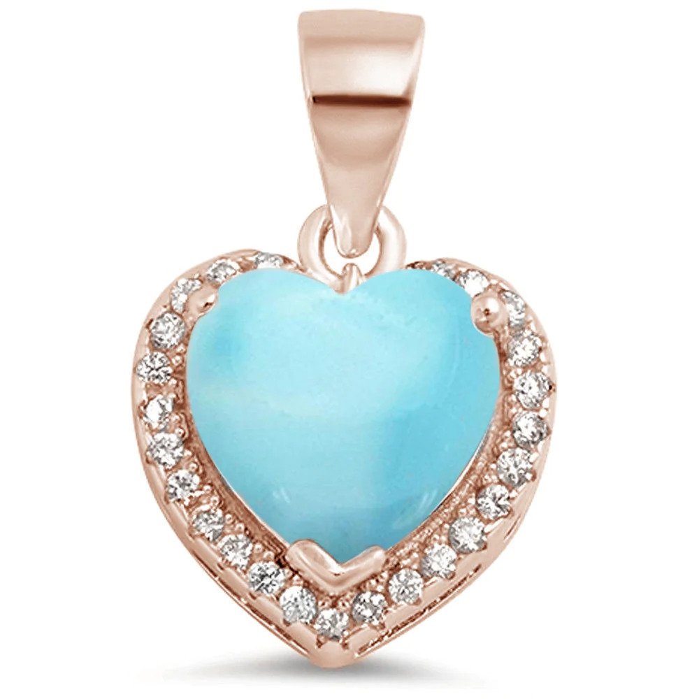 Sterling Silver Rose Gold Plated Natural Larimar Heart With CZ Pendant