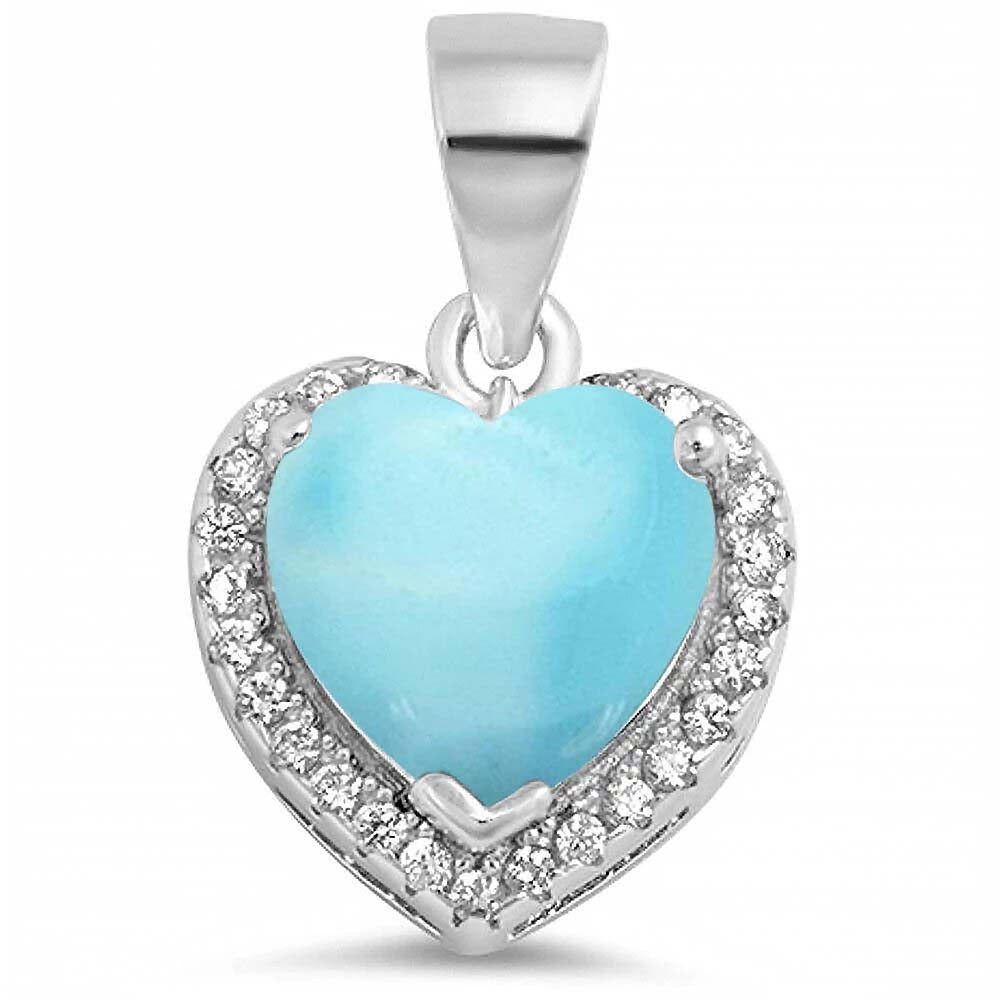 Sterling Silver Natural Larimar Heart With Clear CZ Pendant