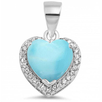Sterling Silver Natural Larimar Heart With Clear CZ Pendant