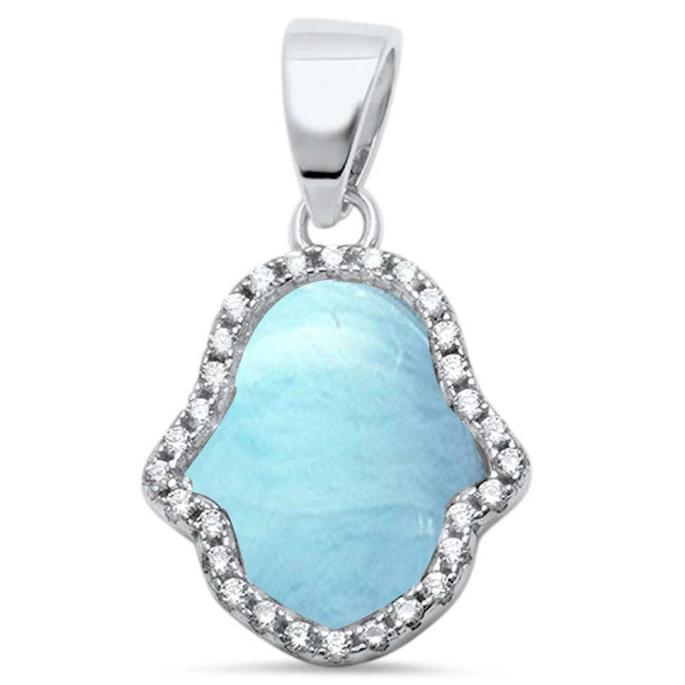 Sterling Silver Natural Larimar and Cubic Zirconia Hamsa Pendant