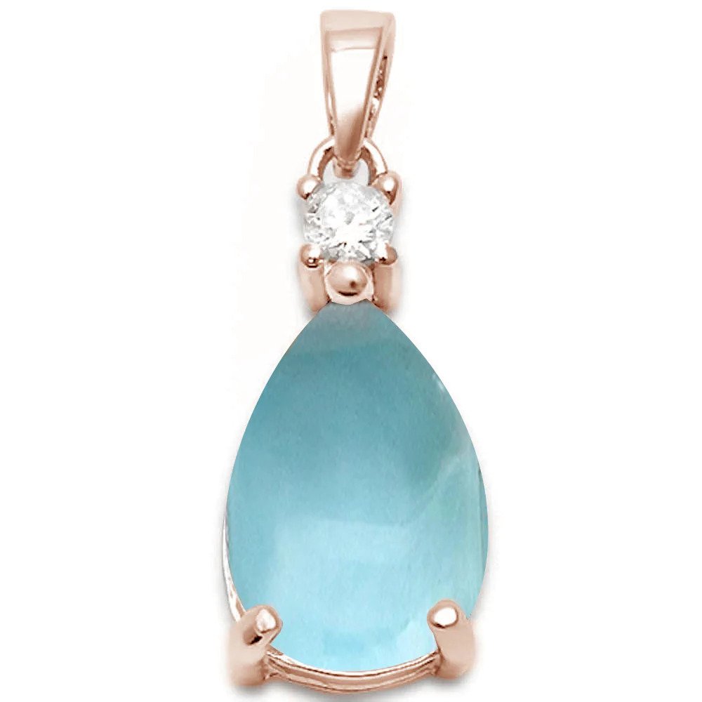 Sterling Silver Rose Gold Plated Pear Shape Natural Larimar And Cubic Zirconia Pendant