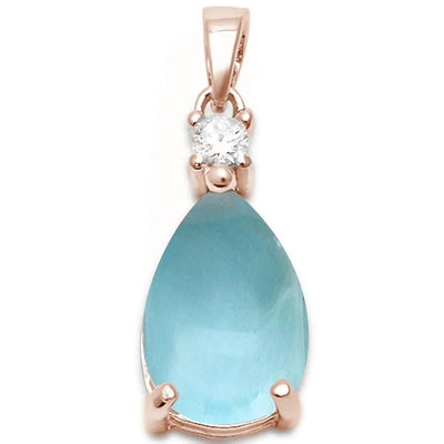 Sterling Silver Rose Gold Plated Pear Shape Natural Larimar And Cubic Zirconia Pendant