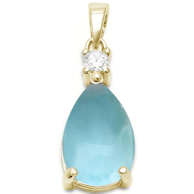 Sterling Silver Yellow Gold Plated Pear Shape Natural Larimar And Cubic Zirconia Pendant